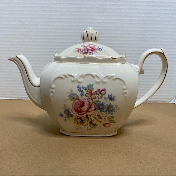 Vtg Windsor by James Sadler Cube Pink Rose Floral Bouquet Teapot with Lid Gold - Picture 2 of 16
